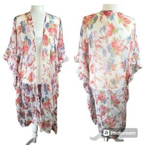 Betsey Johnson Floral Sheer Kimono Kaftan Beach‎ Cover Duster One Size Fits Most